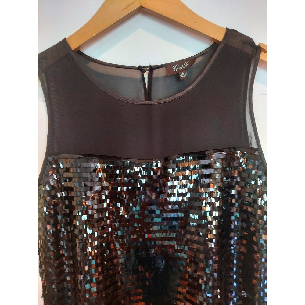 Camille La Vie Womens Chic Black Sequin Mesh Yoke Sleeveless Tank Top Party  L - Picture 2 of 7